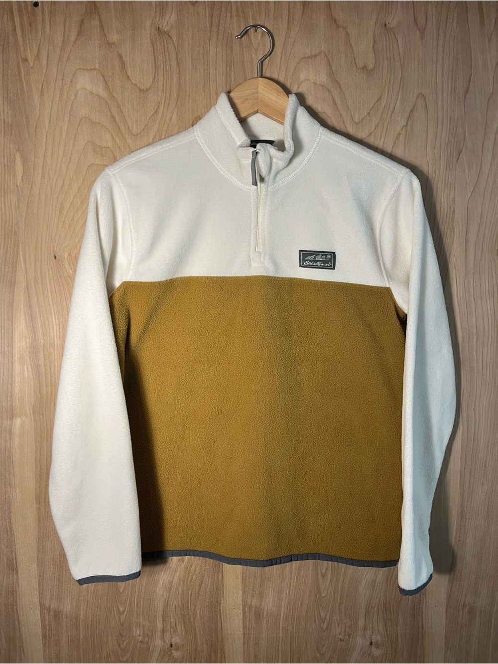 Kids Two Tone Colorblock Cream and Mustard Quarter Zip Fleece Sweater Large 14